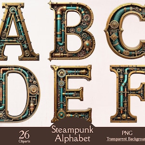 Op de afbeelding: Steampunk alfabet letters A, B, C, D, E en F. Elke letter is ontworpen met een messing en blauwgroen kleurenschema, met tandwielen, pijpen en mechanische details. De afbeelding bevat de tekst "Steampunk Alphabet", "26 Cliparts" en "PNG Transparent Background".