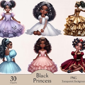 Cute black princess girl clipart bundle, 30 PNG cliparts, African princess, American princess, pretty black girl clipart set, commercial use