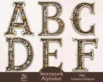 Clipart z alfabetem w stylu steampunk, napisy fantasy, 26 clipartów PNG, litery steampunk, typografia fantasy steampunk, do druku
