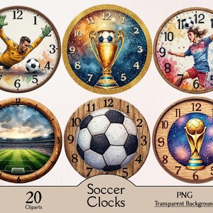 May include: A collection of six round clocks with soccer-themed designs. The clocks feature images of a soccer player, a soccer ball, a stadium, and a trophy. The clocks have a wooden frame and a white clock face with black numbers.
