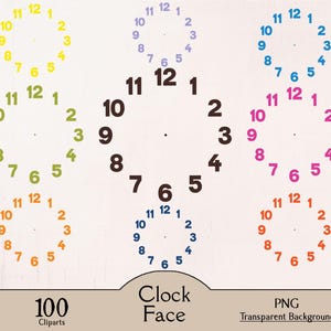 Puede incluir: Un conjunto de 100 imágenes de clipart de esferas de reloj con fondos transparentes. Las esferas de reloj son de varios colores, incluyendo amarillo, morado, verde, marrón, rosa, azul y naranja. Cada esfera de reloj tiene los números del 1 al 12 y un punto en el centro.