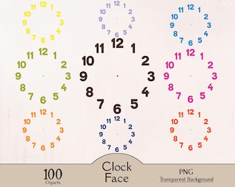Clock face, 100 cliparts, 100 colors, clock clipart, clock design, clock numbers, numeral clock, rainbow colors, clock bundle, digital clock