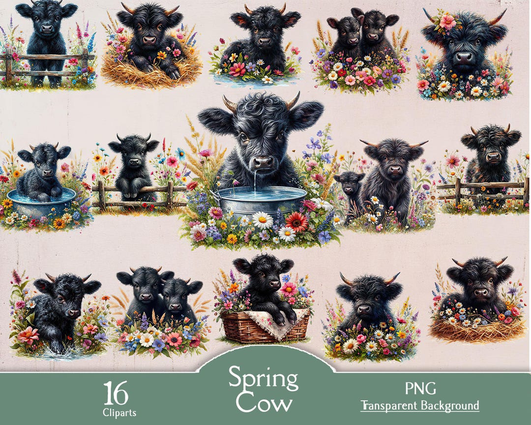 Spring Cow Drawings Watercolor Spring Highland Cow, 16 PNG Cliparts, Spring, Floral, Fowers ...