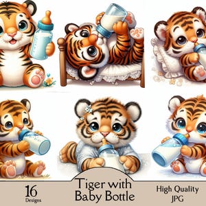 Tiger with baby bottle, 16 JPG images, baby tiger with milk bottle, nursery decor, cute animal, digital prints, digital, clipart, baby room