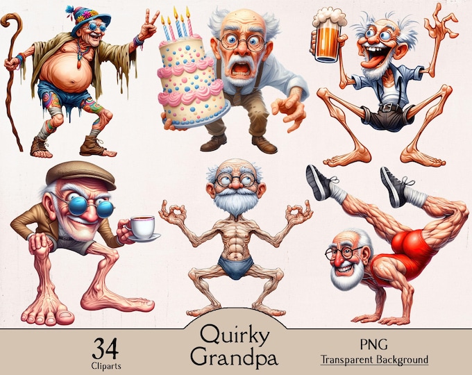 Funny Grandpa Clipart Bundle 15 PNG High Quality Watercolor Cute Quirky ...