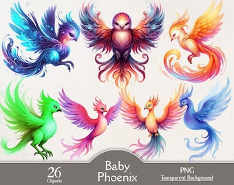 Watercolor baby phoenix clipart, vibrant legendary fire bird, 26 PNG cliparts, flame phoenix bundle, ancient bird, junk journal, paper craft