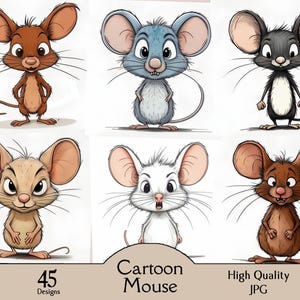 Ratón de dibujos animados, 45 imágenes JPG, habitación de bebé, baby shower, ratón loco, digital, descarga, arte de pared, dibujos animados, manualidades de papel, clipart, ratones de guardería