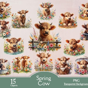 Vache des montagnes de printemps aquarelle, 15 cliparts PNG, printemps, floral, fleurs, numérique, téléchargement, carnet de bord, scrapbooking, créations artisanales en papier
