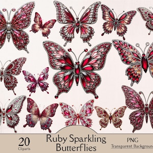 Può includere: Una collezione di 20 illustrazioni digitali di farfalle con accenti rosso rubino e cristalli scintillanti. Ogni farfalla mostra intricati motivi alari con dettagli simili a pietre preziose rosso scuro e bordi argentati. Il testo recita 20 Ruby Sparkling Butterflies PNG Transparent Background.