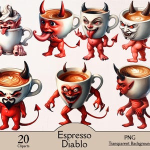 May include: A collection of digital clip art featuring espresso cups with devilish faces and horns. The red-skinned figures have various expressions and poses, with coffee or whipped cream inside the cups. The text "Espresso Diablo" is included.