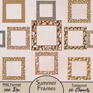Cadres d'été, 20 images clipart PNG, superposition, été, sable, plage, coquillage, petit rocher, galet, clipart, transparent, créations en papier, scrapbooking