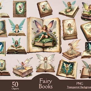 Puede incluir: Una colección de 50 imágenes de clipart digital que representan hadas sentadas en libros abiertos. Los libros tienen un aspecto vintage y están decorados con flores y otros elementos caprichosos. Las hadas llevan vestidos coloridos y tienen alas delicadas. El texto "Fairy Books" se muestra en la parte inferior de la imagen.