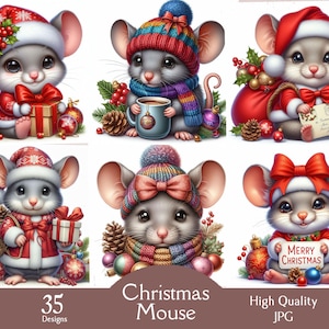 Cute Christmas Mouse ,Gift, Present, Clipart, 35 High Quality JPG, Christmas, Digital Download,  Card Making, Digital, Paper Craft