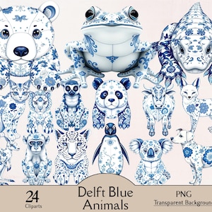 Puede incluir: Una colección de 24 imágenes prediseñadas de animales Delft Blue. Los animales incluyen un oso, una rana, un lagarto, un gato, un lémur, un panda, un pingüino, una vaca, un zorro, un canguro, un mono, un leopardo, un koala y un perro. Cada animal es blanco con patrones florales azules.