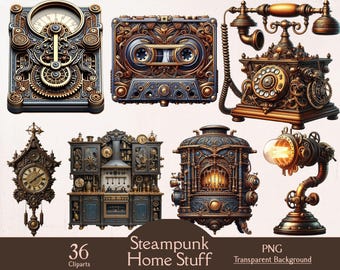 Puede incluir: Una colección de objetos decorativos que incluye un reloj, un casete, un teléfono de disco, un reloj de pared, una cocina, un horno y una lámpara, con engranajes metálicos y tonos bronce, junto al texto Steampunk Home Stuff.