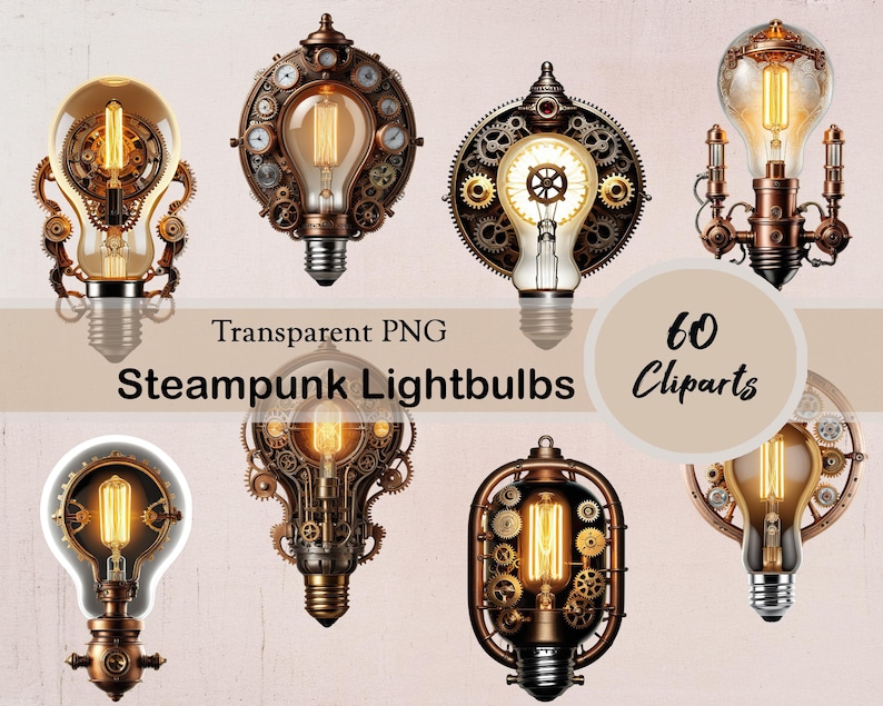 Steampunk Lightbulb Clipart, Junk Journaling Bundle, 60 PNG Cliparts ...