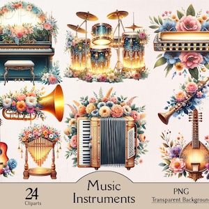 Watercolor floral music instruments, 24 PNG cliparts, musical instruments clipart bundle, music clipart, guitar clipart, music illustration