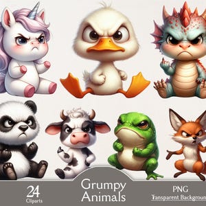 May include: A collection of 24 grumpy animal cliparts, including a unicorn, duck, dragon, panda, cow, frog, and fox. Each character has an angry expression. The text "Grumpy Animals" and "PNG Transparent Background" are also present.