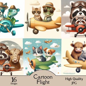 Cartoon flight, 16 JPG images, clipart, nursery, baby room, baby shower, bear, air trip, plane, truck, pilot, plane, digital, download