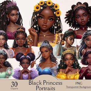 Black princess portraits clipart bundle, 30 PNG cliparts, African princess, American princess, pretty black girl clipart set, commercial use