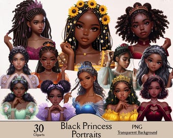 Black princess portraits clipart bundle, 30 PNG cliparts, African princess, American princess, pretty black girl clipart set, commercial use