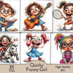 May include: A collection of six cartoon illustrations of quirky girls in various poses. One girl reads a book, another plays guitar, and a third plays tennis. The image includes the text "Quirky Funny Girl" and "35 Designs".