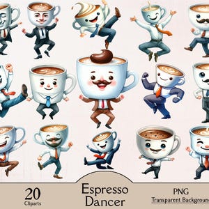 Bailarina de espresso, 20 cliparts PNG, clipart de bailarina divertida, bailarina con cabeza de taza de café, sublimación de espresso, cerebro italiano, divertido