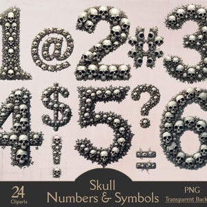 May include: A collection of numbers and symbols, each formed from numerous small skulls. The set includes the numbers 1 through 6, an at symbol, a hashtag, a dollar sign, an exclamation point, a question mark, and an equals sign. The words "Skull Numbers & Symbols" are at the bottom.
