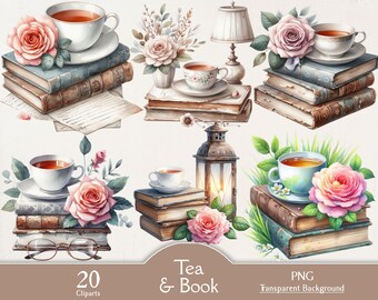 May include: A watercolour illustration of teacups, roses, and stacks of old books. The image includes a lamp, lantern, and spectacles. The text "Tea & Book" and "20 Cliparts" is visible. The background is transparent.