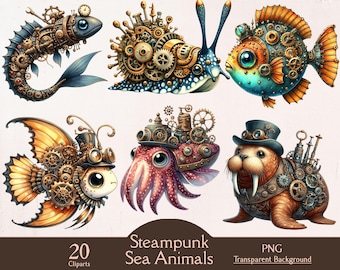 Steampunk sea animals, 20 PNG cliparts, underwater clipart, ocean steampunk, sea life, steam punk, undersea clipart, junk journal, printable