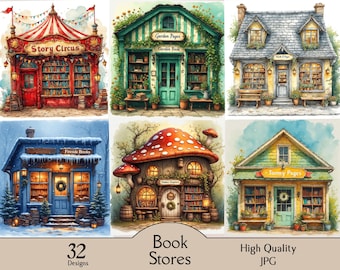 Watercolor bookstore illustration, cozy village bookshop. 32 JPG images, cottage shop art, fantasy countryside book store, junk journal