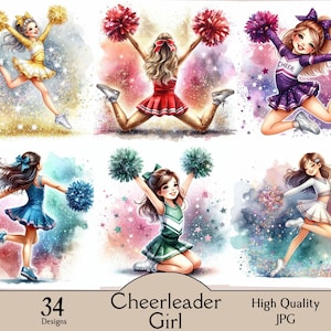 Puede incluir: Ilustraciones en acuarela de animadoras en varias poses, cada una sosteniendo pompones. Las animadoras visten uniformes de diferentes colores, incluyendo amarillo, rojo, morado, azul y verde. La imagen incluye el texto "Cheerleader Girl" y "34 Designs".