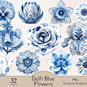 Peut inclure: Dix fleurs de style Delft Blue, dont une rose et un iris, présentées sur fond beige clair. Les fleurs sont blanches avec des motifs bleus détaillés. Le texte "Delft Blue Flowers" et "32 Cliparts" est visible.