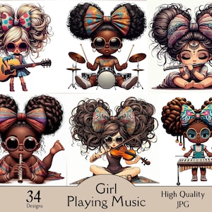 Puede incluir: Un conjunto de 34 ilustraciones digitales de chicas tocando música. Las chicas son todas negras y tienen el pelo castaño con lazos coloridos. Están tocando una variedad de instrumentos, incluyendo una guitarra, batería, flauta, violín y xilófono. Las ilustraciones son de estilo de dibujos animados y son perfectas para usar en proyectos digitales.