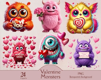 Cute Valentine monsters, 24 PNG cliparts, cartoon monsters, watercolor monsters, monsters with heart, funny monsters, funny valentine