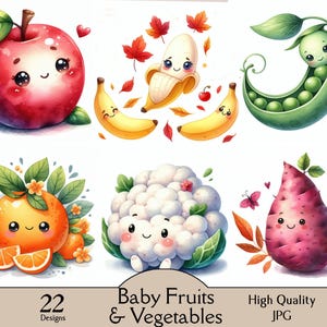Baby fruits and vegetables, 22 JPG images, clipart, nursery art, cartoon fruits, baby room, baby shower, funny, papercraft, nursety fruits