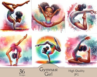 May include: A collection of watercolour illustrations depicting young gymnasts in action. The images show girls in colourful leotards, performing splits, handstands, and backbends. The text "Gymnast Girl" and "36 Designs" are visible.