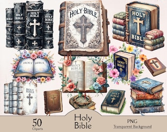 May include: A collection of Holy Bible illustrations featuring various books in different colors, textures, and orientations, some adorned with crosses, floral arrangements, or a crown of thorns, with the text Holy Bible visible on covers.