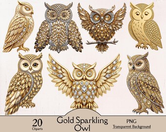 May include: A collection of seven digital owl illustrations featuring gold metallic textures and sparkling crystal accents. The owls are depicted in various poses, including perched and with wings spread. Text at the bottom reads 20 Gold Sparkling Owl PNG.