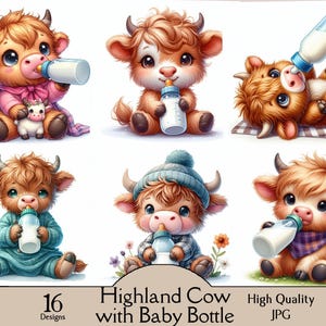 Puede incluir: Un conjunto de 16 ilustraciones digitales que presentan adorables vacas Highland con biberones. Las vacas se representan en varias poses, incluyendo sentadas, tumbadas y de pie. Las ilustraciones son de estilo de dibujos animados y son perfectas para usar en scrapbooking digital, creación de tarjetas y otros proyectos de manualidades.