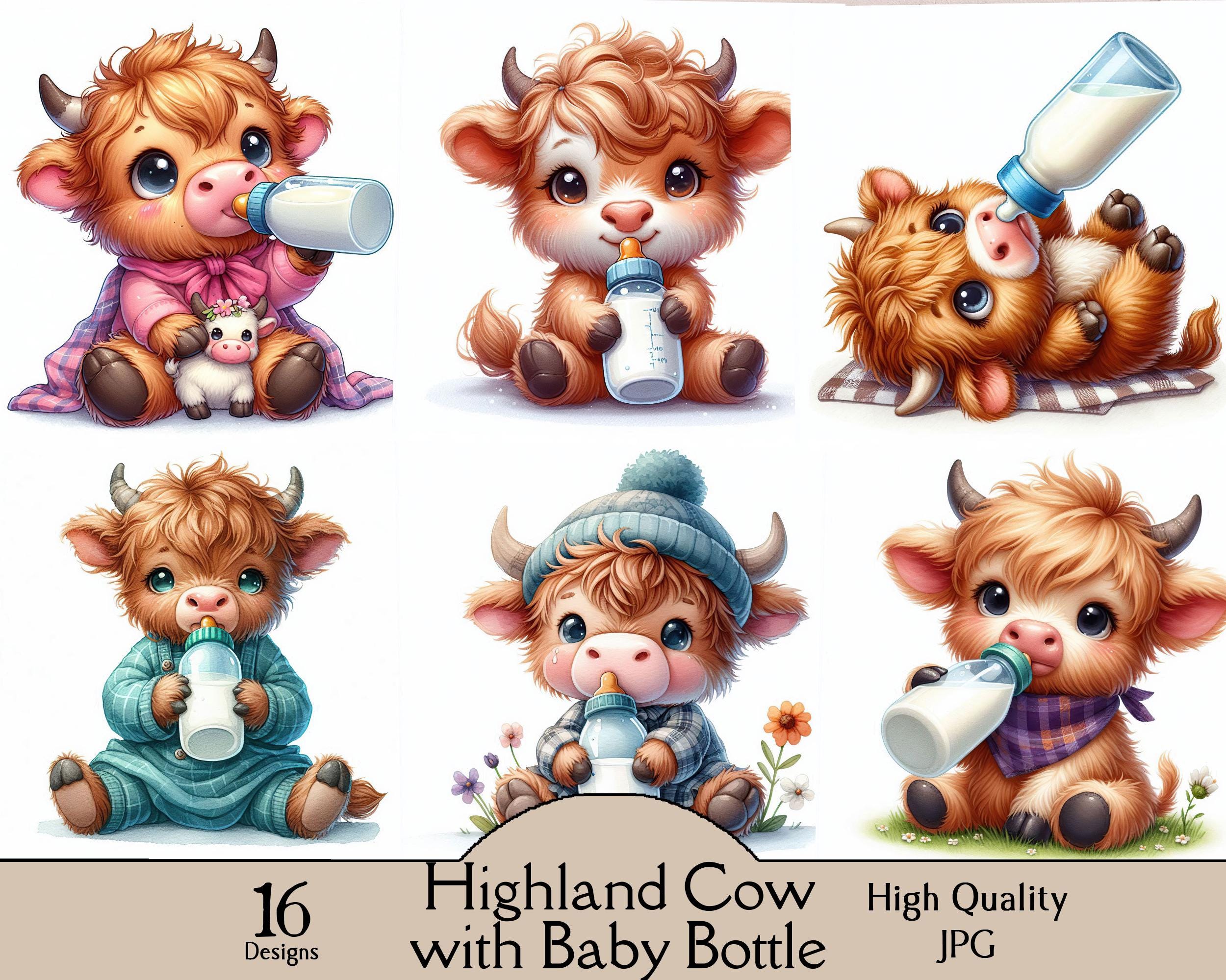Highland Cow with baby bottle, 16 JPG images, baby cow with milk bottle, nursery decor, cute animal, digital prints, digital, clipart