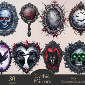 May include: A set of 30 Gothic mirror cliparts. The designs include skulls, ravens, bats, and a wolf, set within ornate, dark-coloured frames. The image also features the text "Gothic Mirrors" and "PNG Transparent Background".
