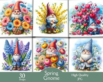 Spring gnomes, 30 jpg images, spring, easter, flowers, blossoms, clipart, digital, download, gnome, printing, junk journal, printable