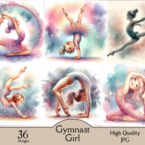 Może przedstawiać: Akwarelowe ilustracje młodych gimnastyczek w różnych pozach, na tle marzycielskiego, kolorowego tła. Obrazy przedstawiają wdzięczne postacie w trykotach i tutu, z naciskiem na elastyczność i ruch. Widoczny jest tekst "Gymnast Girl".