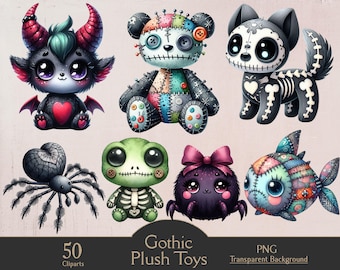May include: A collection of whimsical Gothic plush toys, including a devil, teddy bear, cat, spider, frog, spider, and fish. Each toy has a unique design with stitched details and button accents. The image includes the text "Gothic Plush Toys".