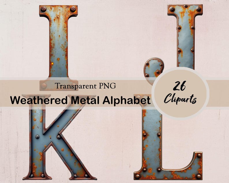 Small Riveted Letters Weathered Metal Alphabet Clipart, Rustic Industrial Letter Set, Vintage ...
