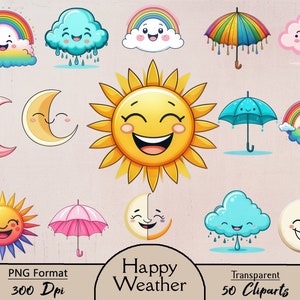 Beau temps, 50 cliparts PNG, joyeux soleil, joyeux nuage, parapluie, arc-en-ciel, pluie, chambre de bébé, peinture, lune, joyeux, temps, numérique, clipart