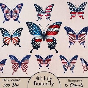 4th of July butterfly, 15 PNG cliparts, patriotic, clipart, patriotic butterfly, 4th of July clipart, 4th of July PNG, sublimation