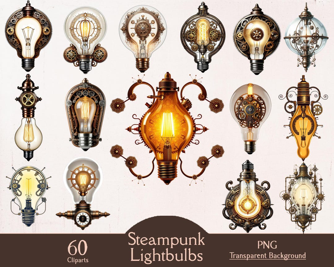 Steampunk Lightbulb Clipart, Junk Journal Clipart, 60 PNG Cliparts ...