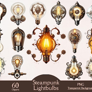 Steampunk lightbulb clipart, junk journal clipart, 60 PNG cliparts, steampunk bundle, fantasy clipart, vintage ephemera, digital fantasy art